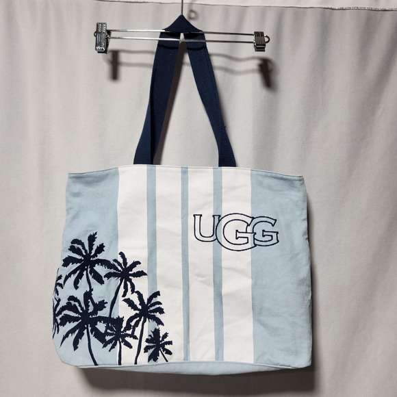 UGG Handbags - UGG Canvas Tote Bag Light Blue White Striped Palm Tree Beach Travel Bag‎ Large